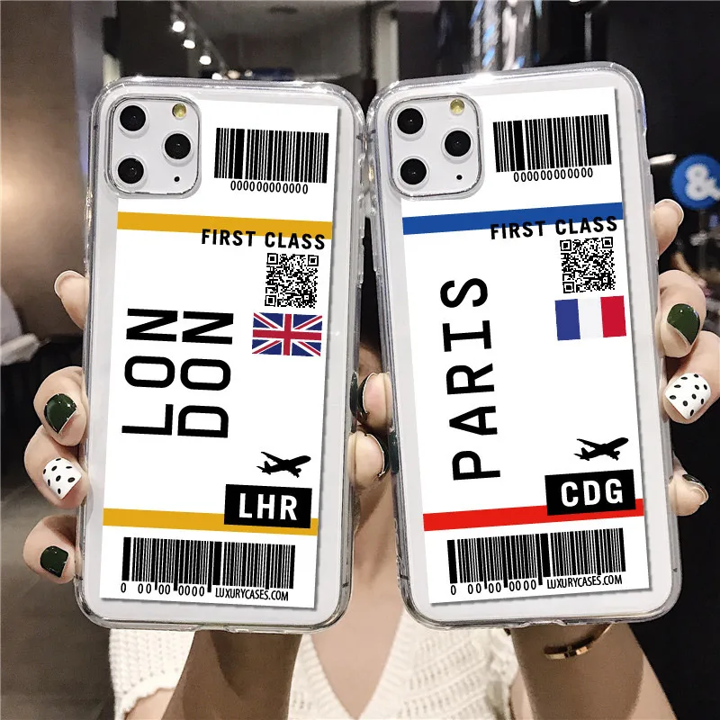 

Fashion USA First Class travel ticket label Phone Case For iPhone 12 11 Pro XS MAX 7 XR X 8 6 Plus Clear Cover Fundas