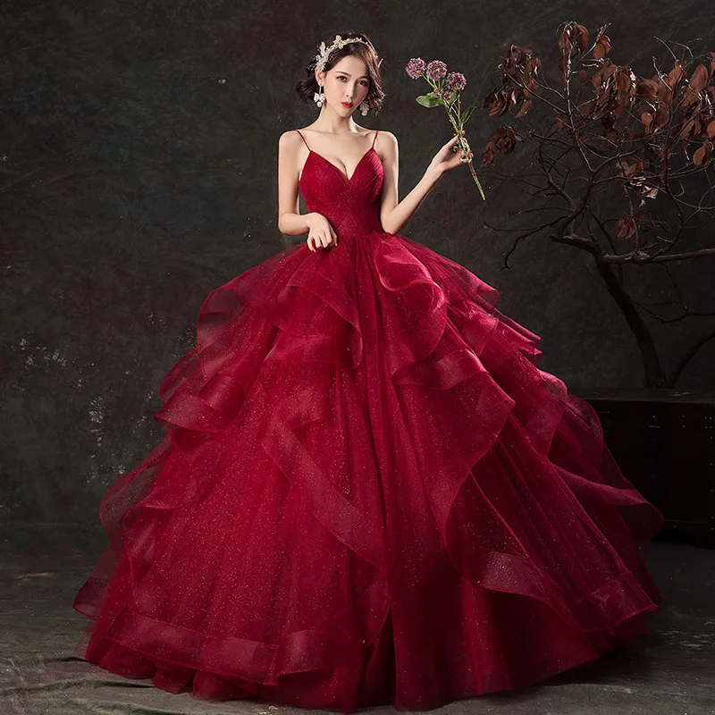 

Wine Red Quinceanera Dresses 2022 Luxury Party Prom V-neck Floor-length Ball Gown Elegant Spaghetti Strap Vintage Vestidos
