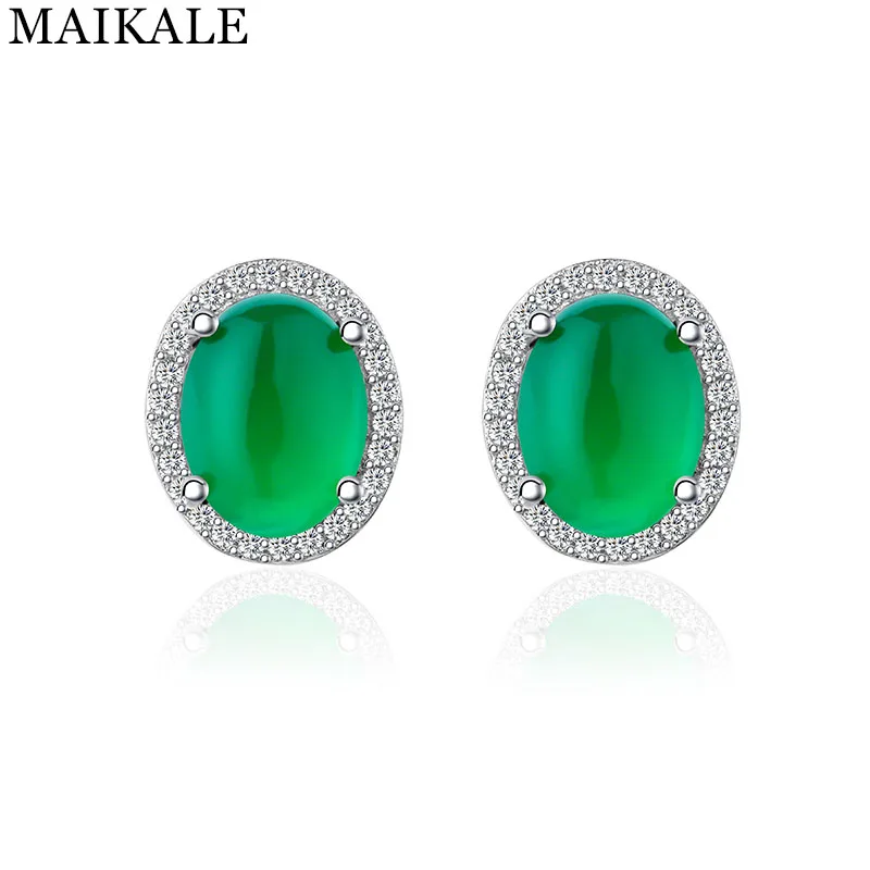 MAIKALE Luxury 925 Sterling Silver Stud Earrings with Cubic Zirconia Green Gem Stone Round Small Earrings for Women Jewelry Gift