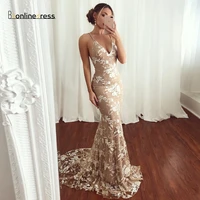 2020 new arrival champagne prom dress lace spaghetti strap mermaid prom dresses v neck backless long party gown robe de soiree