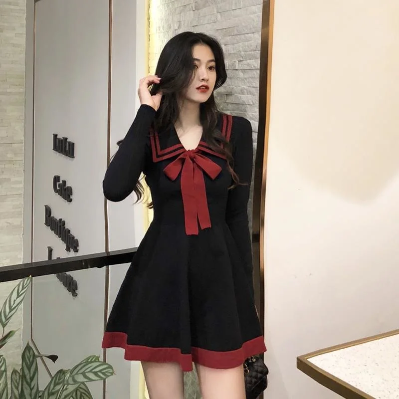 

Autumn Knitted winter Dress Vintage Preppy Sweet Navy Kawaii Short Long Sleeve Mini Dresses JK School Clothes casual sundresses