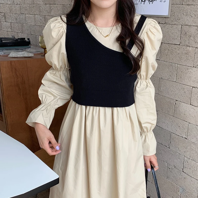 

New Autumn Korean Chic Dress Sets O-Neck Puff Sleeve Long Dresses + Design One Shoulder Knitted Vest Sweater Women Suits Casual