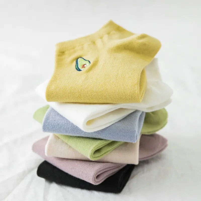 

Casual Soft Cotton Short Socks Women Solid Avocado Embroidery Socks For Ladies Concise College Style Breathable Sox Trendy