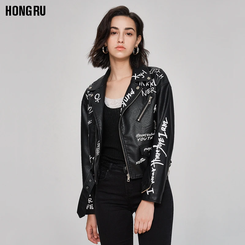 

Fashion Women's Print Pu Leather Jacket Was Thin Locomotive Pu Leather Jacket Female Punk Motorcyle Jacket With Belt F2422