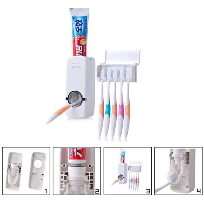 

Wall Mounted Automatic Toothpaste Dispenser Holder +5 Toothbrush Holders