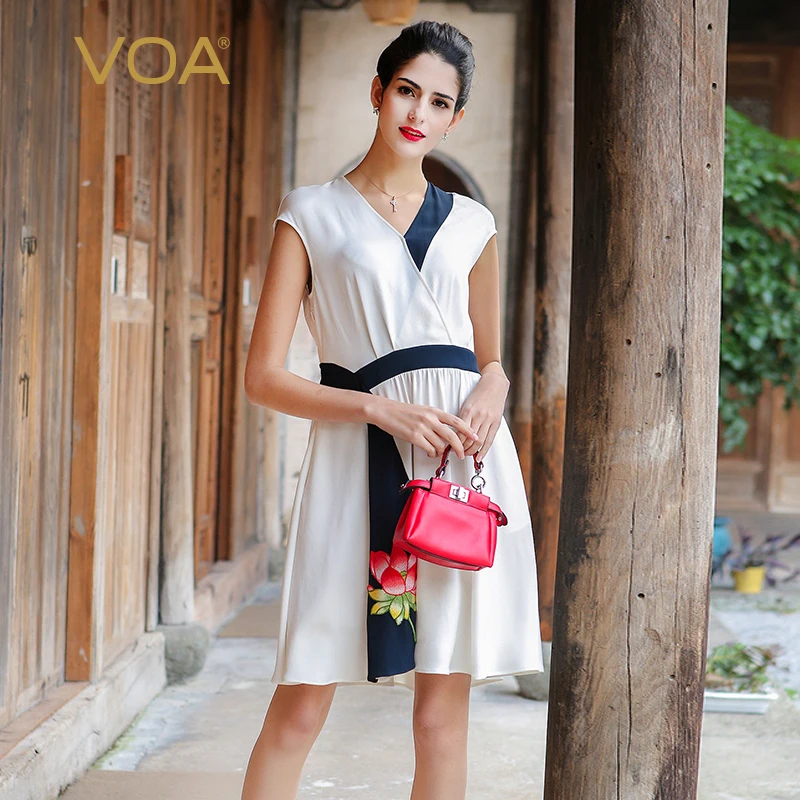 

VOA Silk Women White Beach Dresses Mini V-Neck Straight Lotus Print Sexy Casual Loose Vestido De Verano Draped Ladies A7500