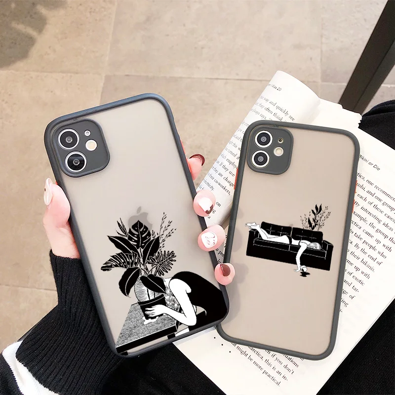 

Black and White Art Abstract Phone Case For iPhone 13 12 11 Pro Max 7 8 Plus SE2020 X Xs max Xr Cute Anti-fall Translucent Cover