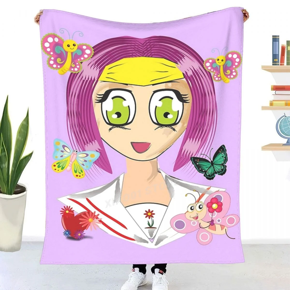 Anime Girl With Butterflys Throw Blanket Sherpa Blanket Bedding soft Blankets