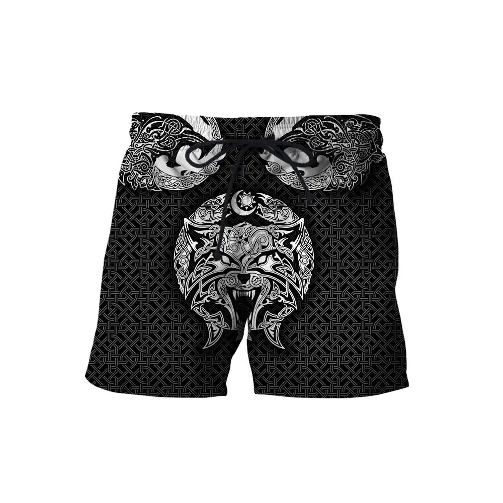 Viking Wolf Tattoo 3D All Over Printed Mens Shorts Unisex Streetwear Shorts Summer Beach Polyester Casual Shorts DK12