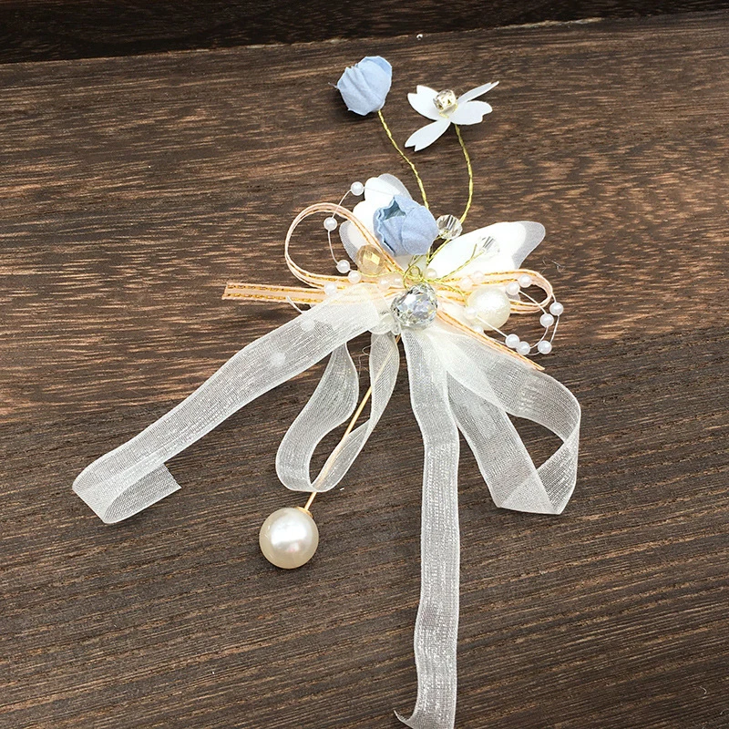 

Pearls Blue bridemaid Hand flower Bracelets For Prom Boutonnieres Brooch Butterfly Wedding Wrist Band Corsage