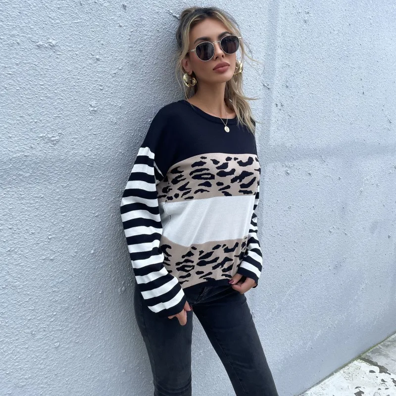 

FAKUNTN Loose O Neck Pullover 2021 New Autumn Black And White Leopard Print Casual Full Women Winter Sweater