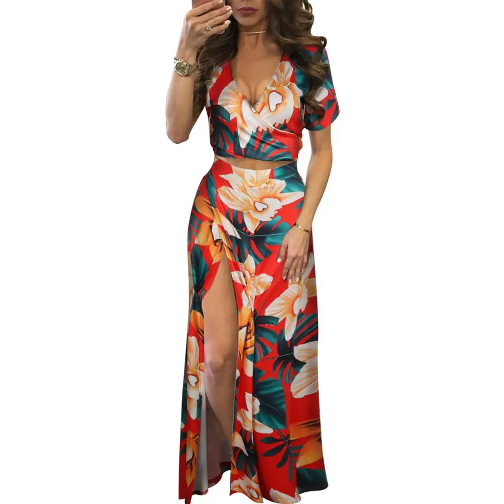 

Women Printed Two-Piece Dress Set Sexy Deep V Neck Bandage Crop Top And High Side split Skits Party Set Hot Sale Female Clothing