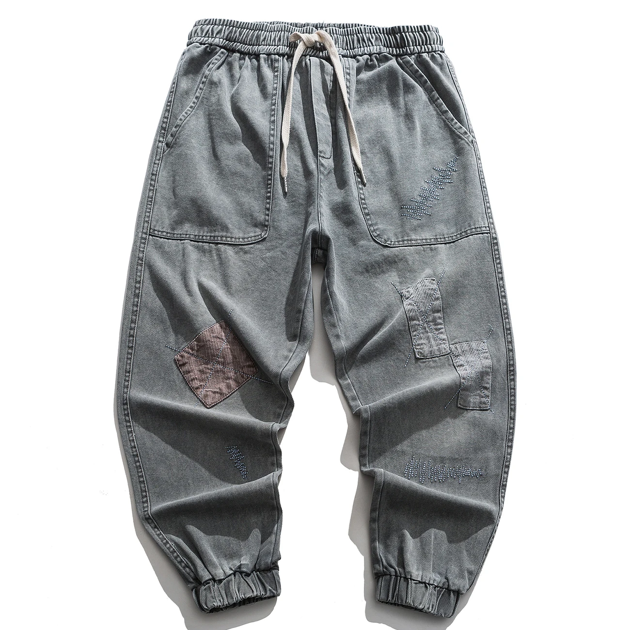 Джинсы мужские с эластичным поясом свободные креативные джоггеры из денима в