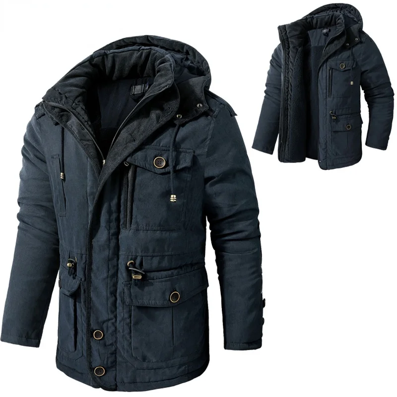 

Man Fashion Jacket Khaki Long Hooded Thick Winter Warm Coats Zipper Top Quality Parka Military Men Casual Overcoat