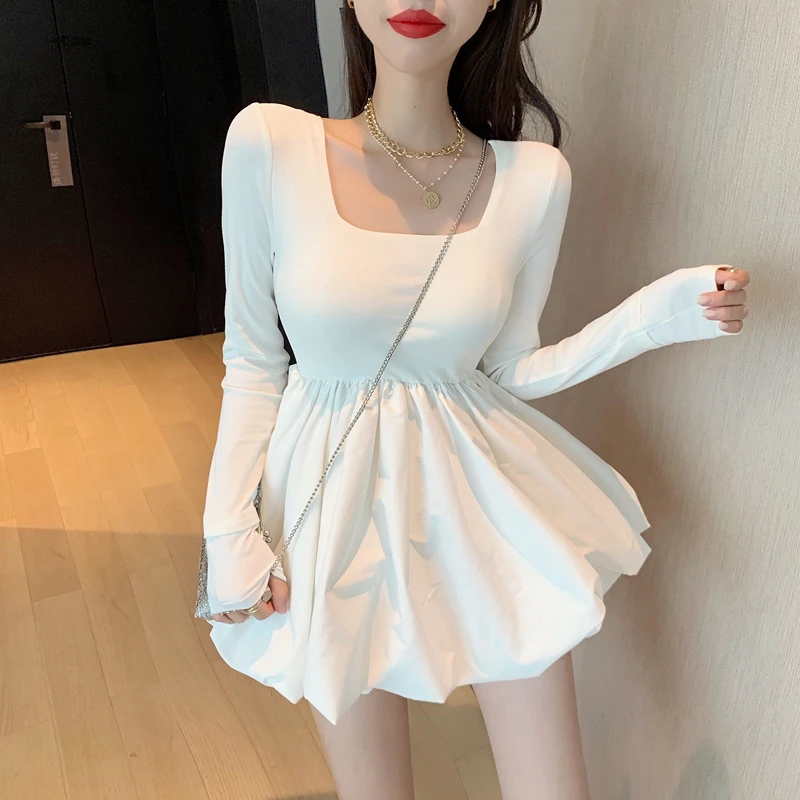 RealShe женское мини-платье с длинным рукавом и квадратным воротником однотонное