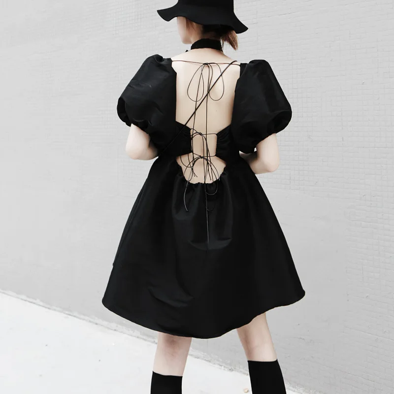 

Street Style Mini Black Dress Sexy Lace Up Back Design Square Neck Dress Japanese Short Puff Sleeve High Waist Harajuku Dress