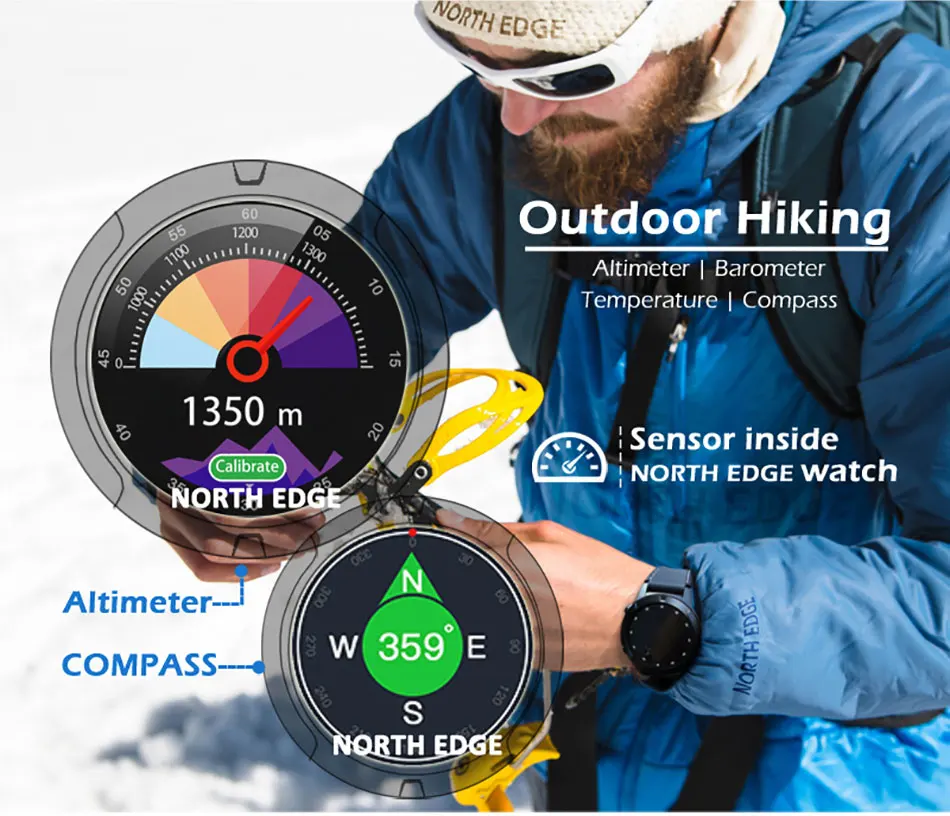 Мужские умные часы North EDGE GPS спортивные с компасом пульсометром шагомером BT