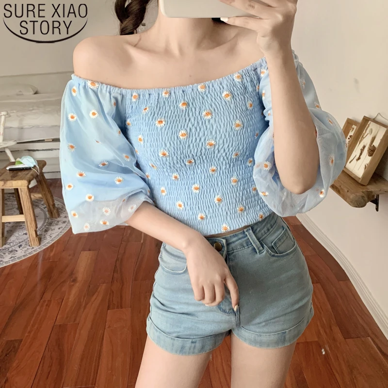 

Sweet Girls Women Flower Print Mesh Chiffon Blouses Shirts Female Slash Neck Half Lantern Sleeve Fairy Blouses Tops Blusas 9933