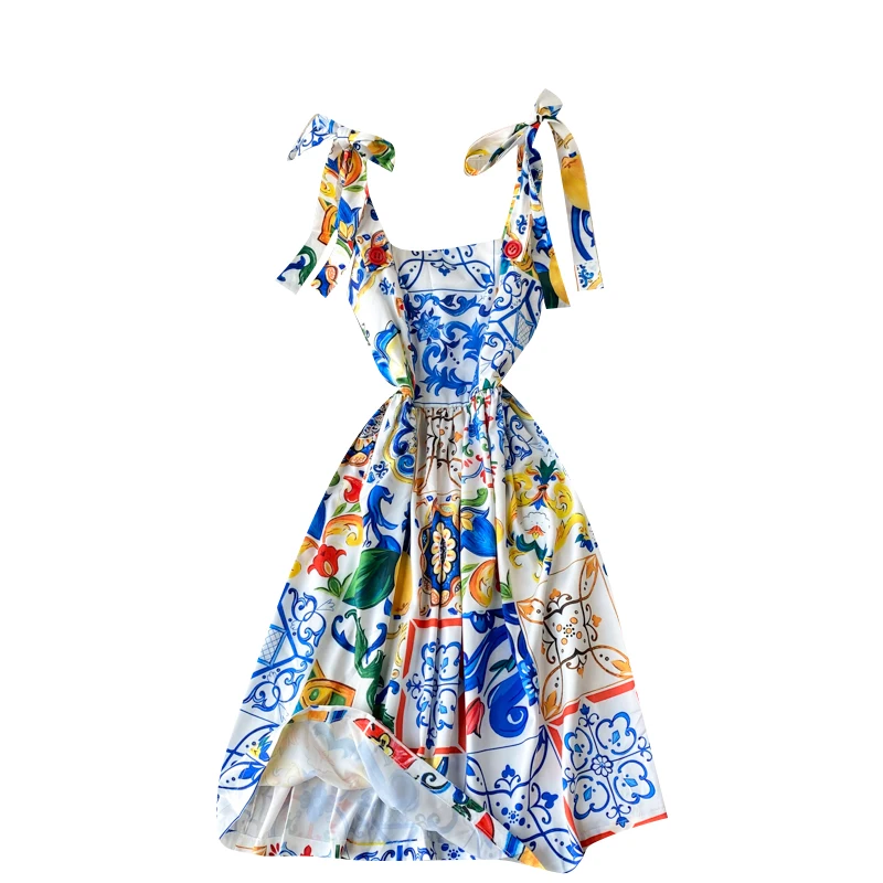 

Vintage Blue And White Porcelain Floral Print Dress Bow Spaghetti Strap Backless Sexy Long Dress Casual Beach Party Dress Mujer