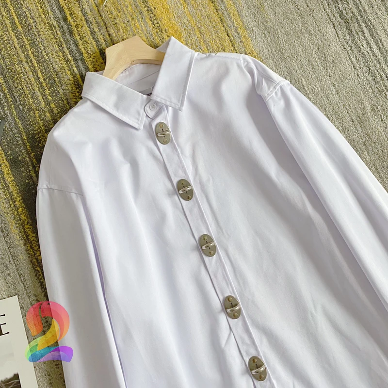 Рубашка We11done в стиле оверсайз, мужская и женская белая рубашка с металлической пряжкой, Повседневная Свободная уличная одежда Welldone