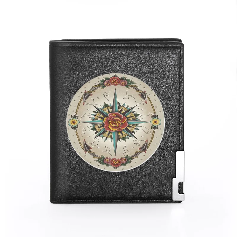 

Men Wallet Leather Flower Compass Printing Billfold Slim Credit Card/ID Holders Inserts Money Bag Male Pocket Short Purses