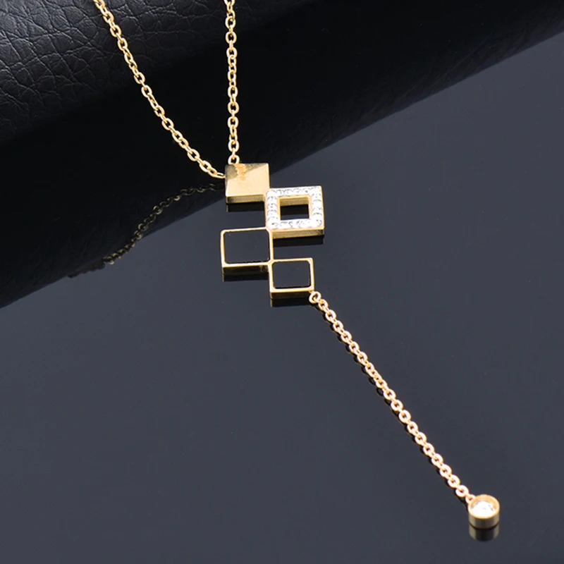 

KIOOZOL Multicolor Square Pendant Hollow CZ Pendant Rose Gold Stainless Steel Necklace for Women Wedding Party Jewelry 336 DP1