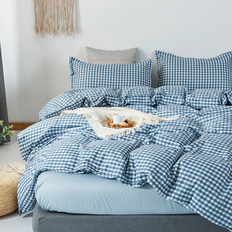 Navy Grid Duvet Cover Aloe Cotton Bedding Blue With White Plaid Geometric Pattern Pillowcase 3/4pcs Queen Size | Дом и сад