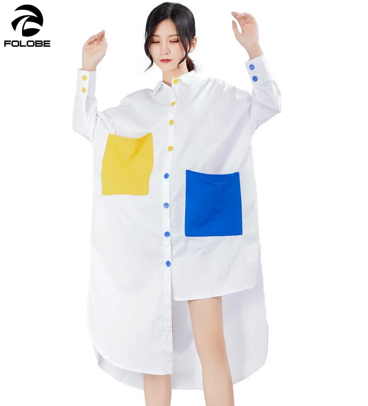 

Streetwear White Shirt Dress for Women Turn-Down Collar Long Sleeve Spliced Pockets Button Up Tunic Loose Casual Dress Shirt
