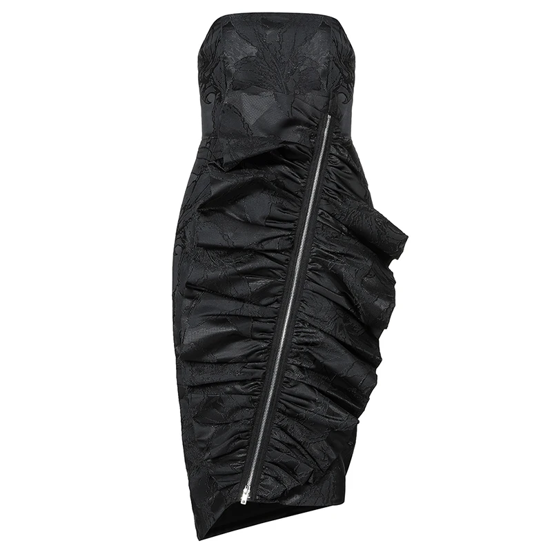 

Max Spri 2019 Winter New Women Party Vestidos Sexy Strapless Sleeveless Ruffles Zip Split Floral Pattern Black Sheath Midi Dress