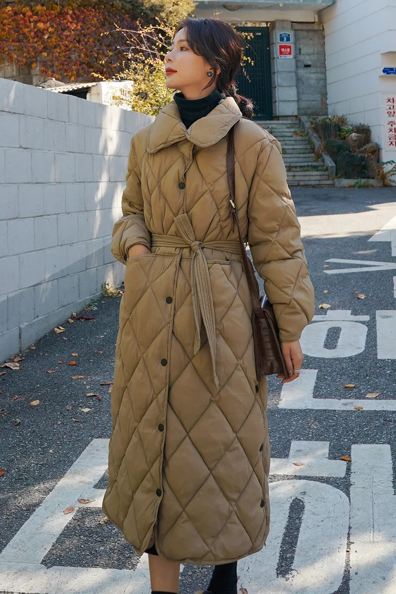 

Winter Long Coat Rhombus Pattern Casual Sashes Women Parkas Pockets Tailored Collar Puffer Jacket Cotton-padded Outwear
