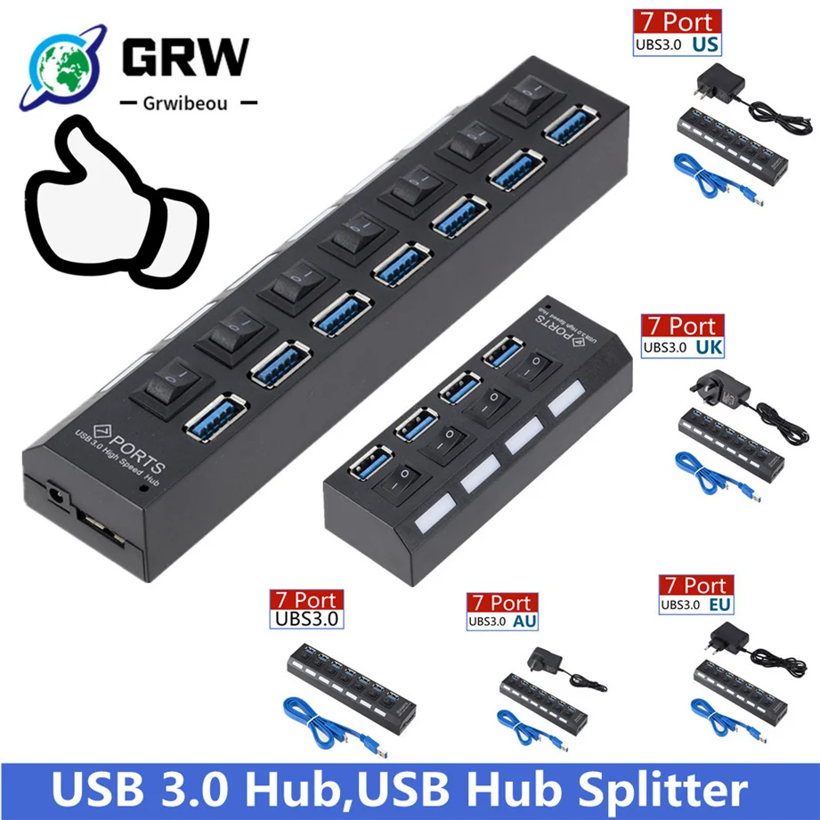 USB-разветвитель 3,0, USB 3,0, с выключателем, 4/7 портов - изображение