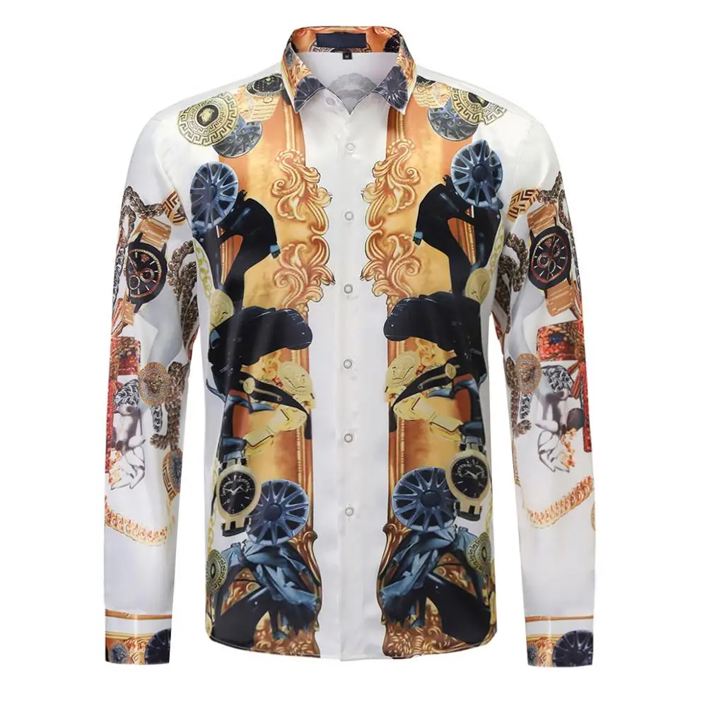 2021 New Design Luxury Brand Mens Shirts Fashion Printed Casual Nightclub Long-Sleeved Slim Men Wedding Party Prom Tops | Мужская одежда