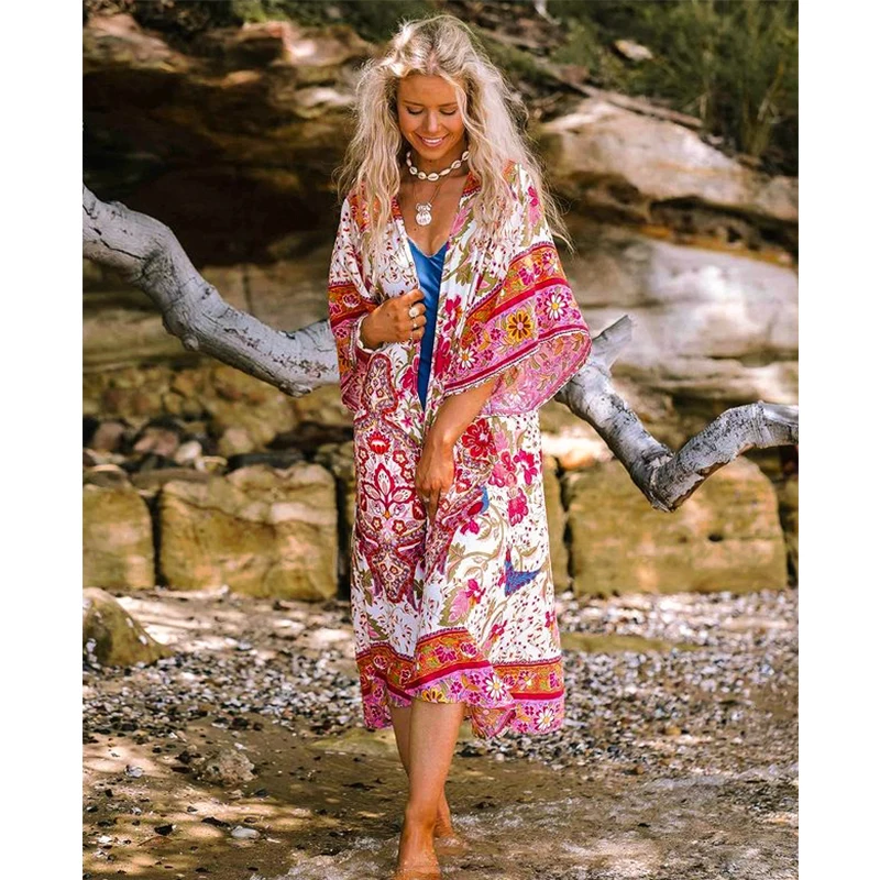 

2021 Boho Printed Bikini Wrap Cover-ups Sexy 3/4 Sleeve Summer Kimono Dress Women Plus Size Beach Wear Swim Suit Cover Up A855