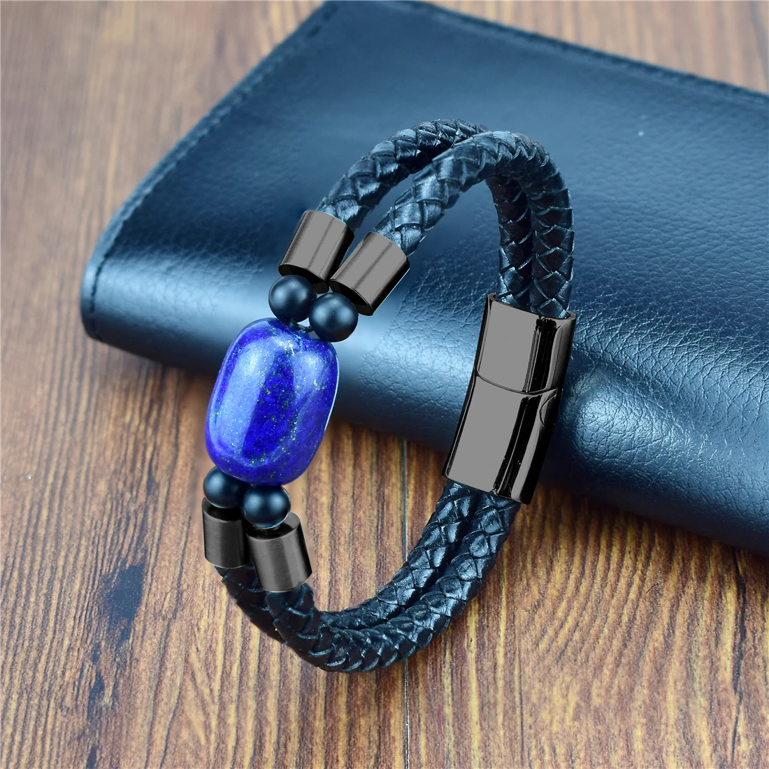 

Exclusive Wrap Bracelets with Natural Stones Lapis Lazuli Leather Strap Woven Beads Bracelets Stainless Steel Bangle Jewelry