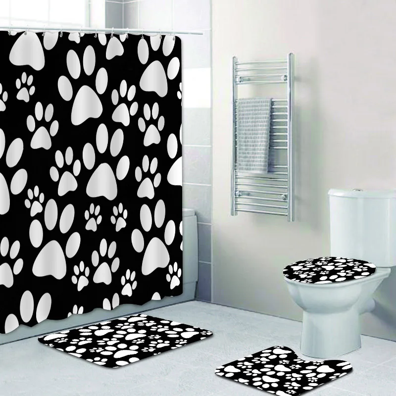 Симпатичная черно-белая душевая занавеска в виде собачьей лапы для ванной