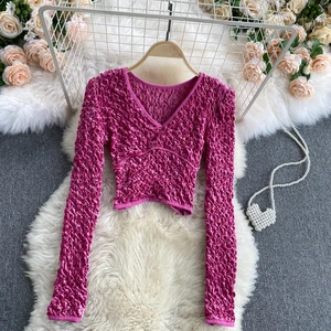 Женские туфли в стиле ретро с v-образным вырезом с длинным рукавом пикантные Короткие топы и сетчатой вставкой Хай-стрит рубашка сплошной Цвет Элегантная блузка одежда Q194