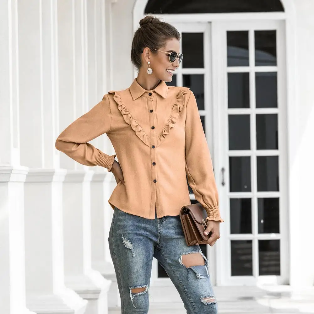 

Women Casual Corduroy Ruffle Shirts Office Ladies Turn Down Collar Long Sleeve Blouses 2020 Spring Autumn New Elegant Solid Tops