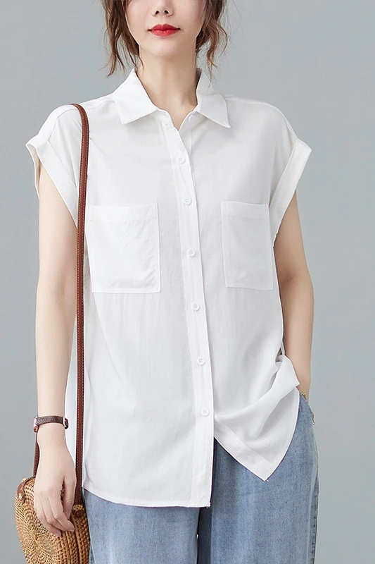 

COIGARSAM Vintage Sleeveless Shirt Womens tops Summer Short Sleeve Loose Thin Women shirts White Ga Color 9106