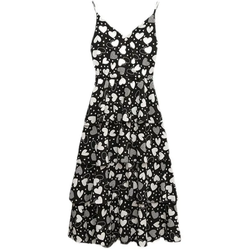 

Summer Streetwear Dress Sleeveless Plus Size Casual Woman Cake Skirt Spaghetti Strap Dress Ladies Elastic High Waist Dresses