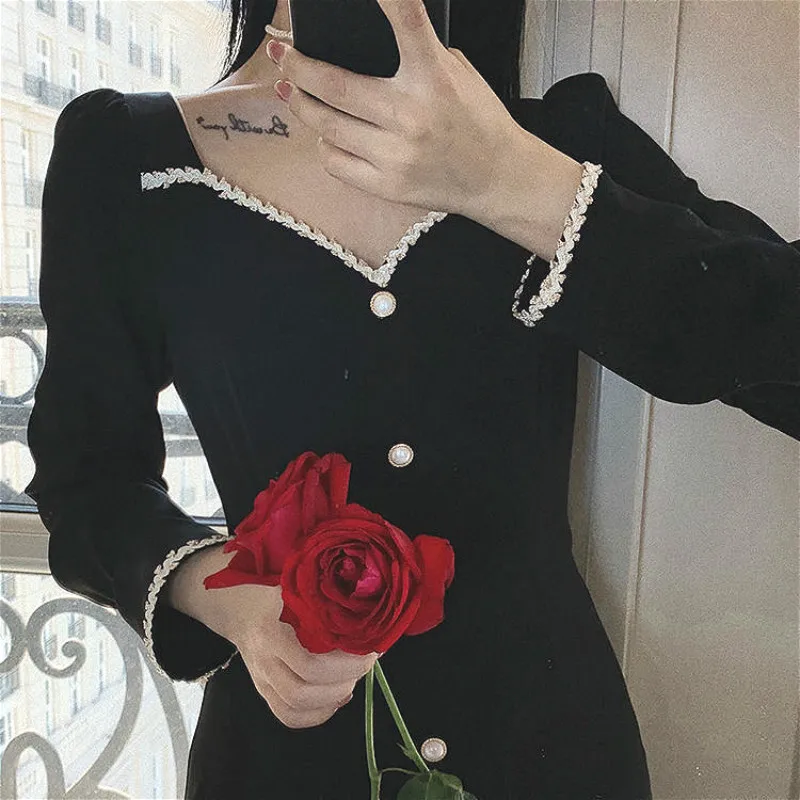 

Vintage Dress Women Casual V-neck Sexy Elegant Retro Evening Party Black Dress Long Sleeve One-piece Dress Korean Autumn