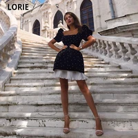 lorie 2021 black with glitter evening party dresses short puff sleeves suqare shape neck above the knee prom gowns custom made