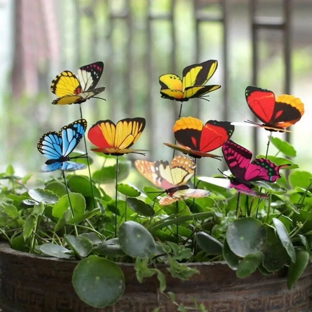 

40# 10Pcs Realistic Simulation On-Sticks Butterfly Ornament Outdoor Home Garden Patio Decor Random Color