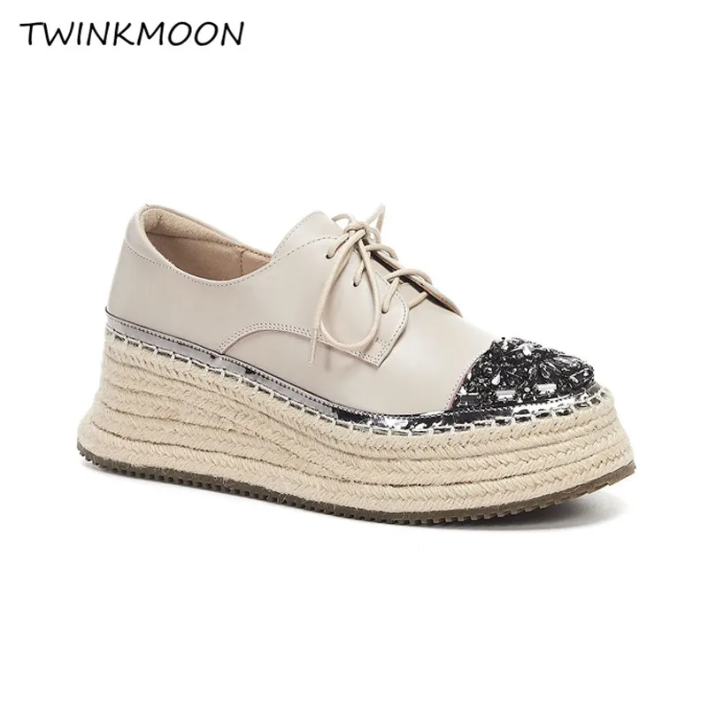 

Leather Wedges Women's Sneakers Crystal Metal Toe Design Platform Casual Shoes Leather Lace Up Chunky Sneakers 2020