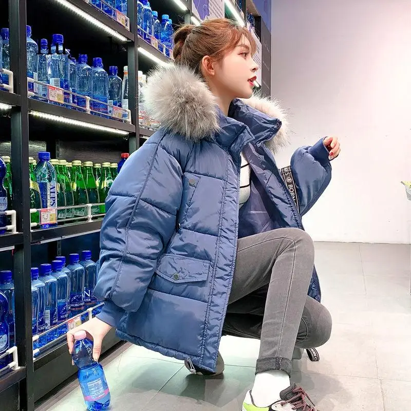 Winter Jacket Women Short Down Cotton Coats Parkas Female Fur Collar Hooded Cotton Jacket Woman Casual Loose Cotton-Padded Coats