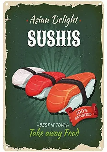 

Original Retro Design Asian Delight Sushi Tin Metal Signs Wall Art | Thick Tinplate Print Poster Wall Decoration for Kitchen