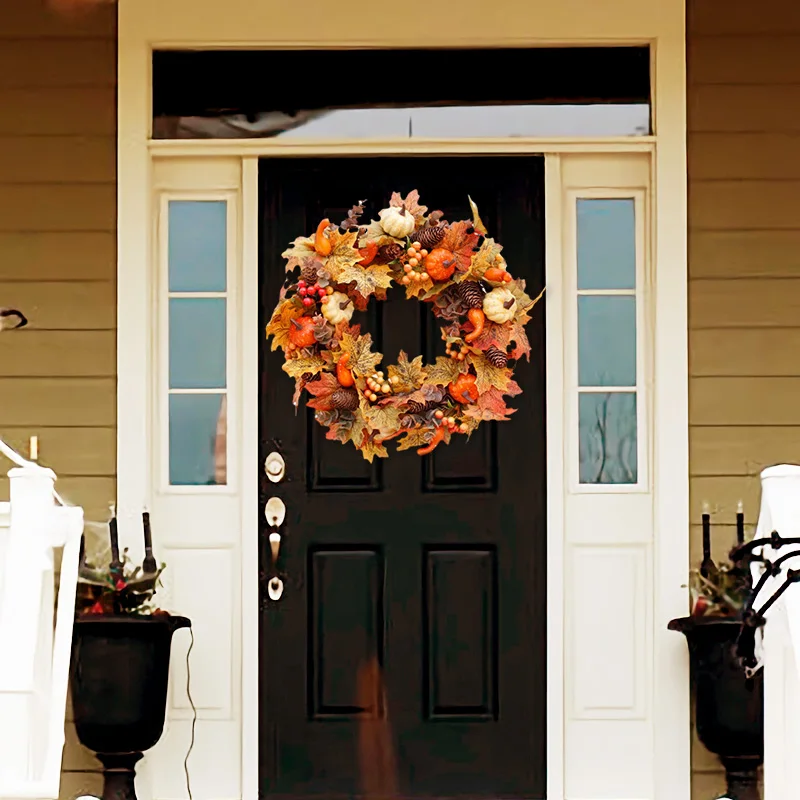 

Осенний тематический дверной венок, искусственные тыквы, ягоды, сосна, конус, клен, искусственный материал из ротанга, домашний Рождественс...