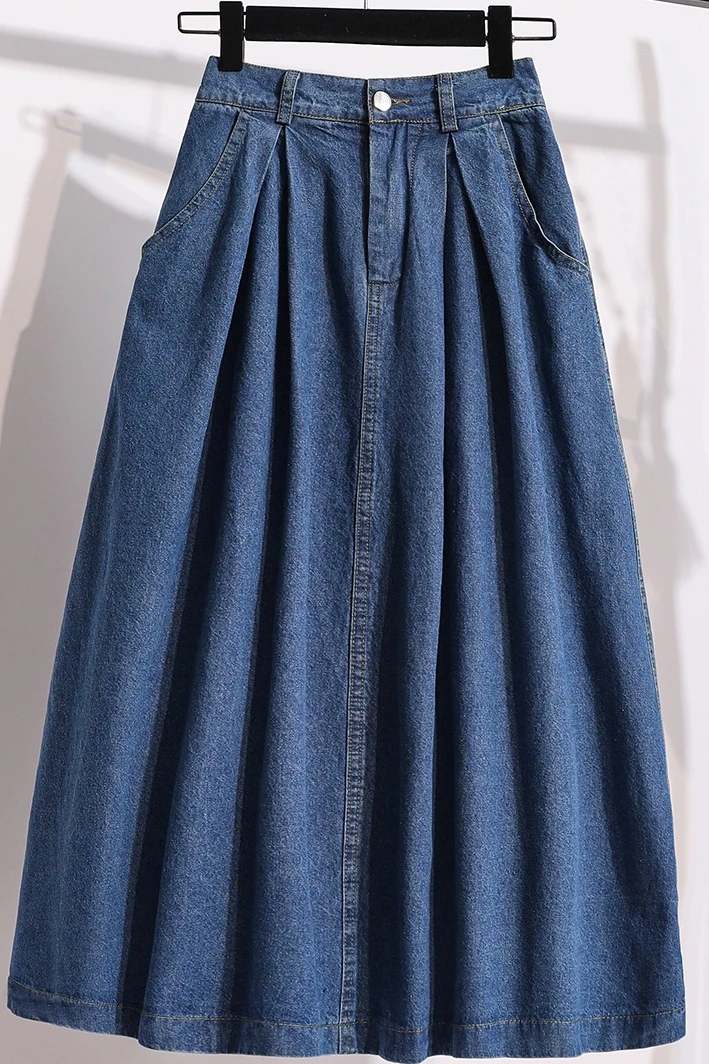 

Women Plus Size Denim Skirt High Waist Loose Casual Blue Jean Skirts Female Streetwear Harajuku Long Pleated Skirt M-3XL 7918
