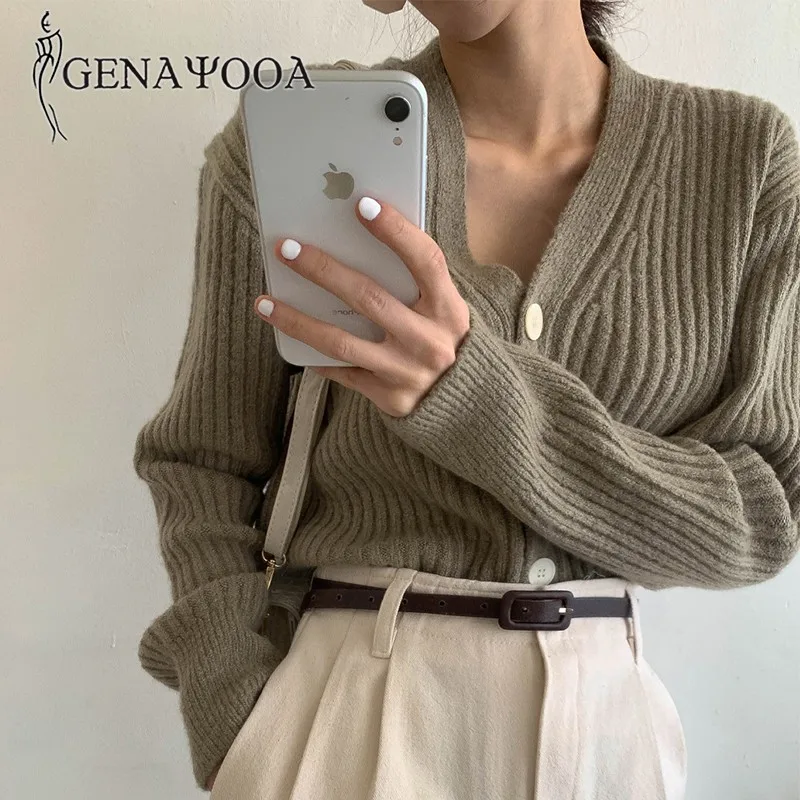 

Genayooa Korean Cashmere Cardigan Casual Long Sleeve Sweater Women V Neck Cardigan Coat Knitted Ladies Cardigan Sweater 2020