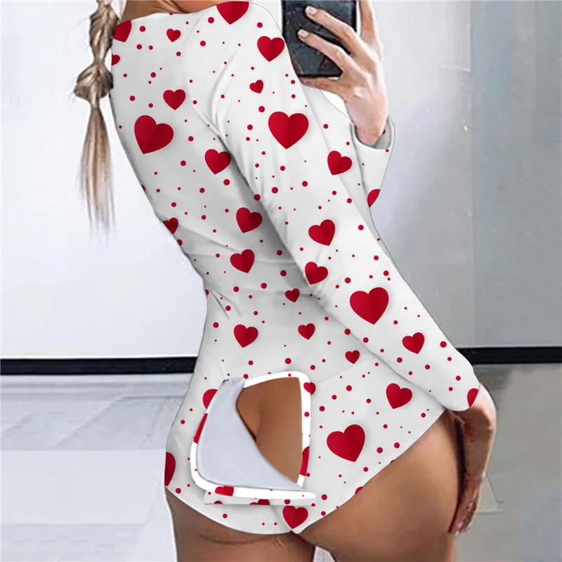 

Valentine Day Women Bodysuit Long Sleeve Deep V Neck Bodycon Stretch Leotard Button Romper Pajamas Sexy Women Jumpsuit Overalls