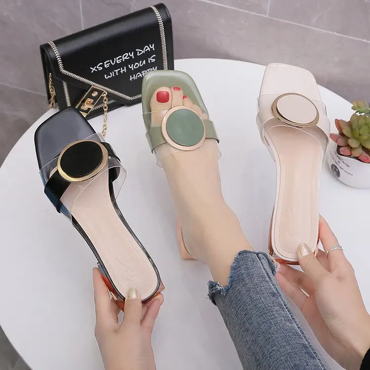 2021 New Fashion Slippers Women's Low Heel Transparent Slippers Square Heel Summer All-match Women's Sandals  Shoes Woman